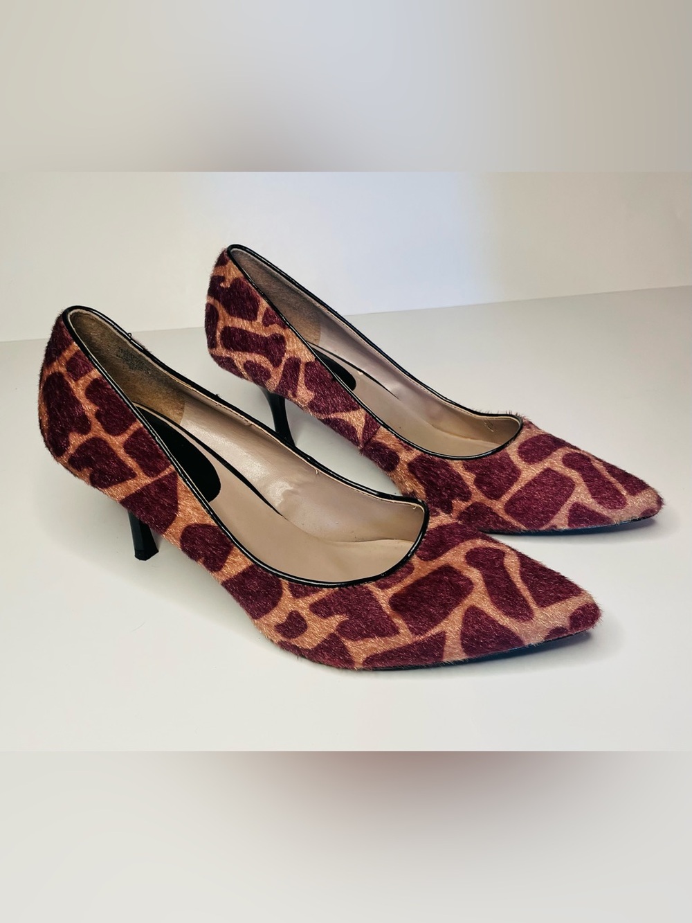 Nine & Co. Burgundy and Tan Giraffe-Print Pointed Pumps